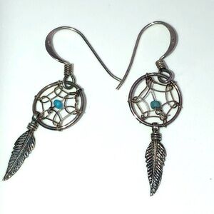 VTG Sterling & Turquoise Accent Dream Catcher Earrings - 1.5”